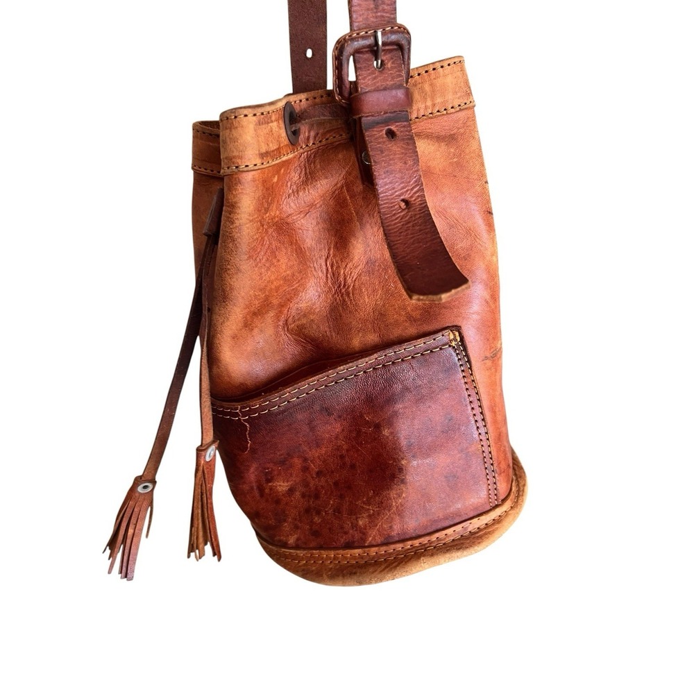Vintage Genuine Leather Bucket Bag Distressed Leather Drawstring Front Pockets - Picture 5 of 16